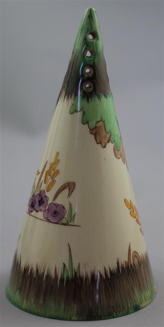 A Clarice Cliff conical sugar sifter, 14cm, splinter chip to foot